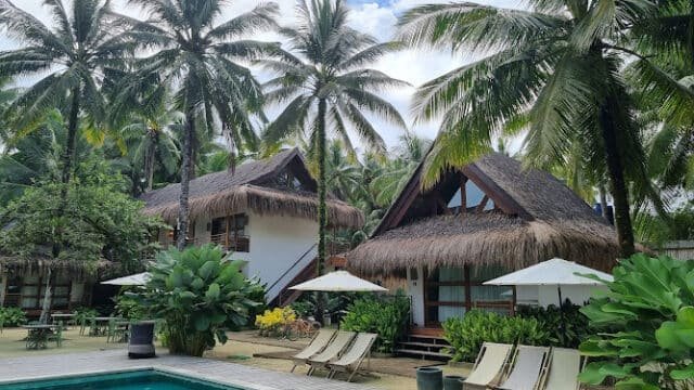 Tropical Siargao resort with thatched-roof villas, palm trees, poolside loungers, and umbrellas by a sparkling swimming pool.