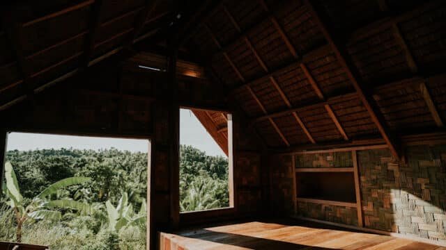 Sunlit wooden room with large open windows overlooking Siargao’s lush green jungle and swaying palm trees.