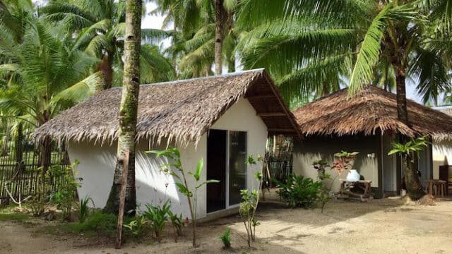 A small thatched-roof hut surrounded by palm trees and plants on Siargao’s sandy ground.