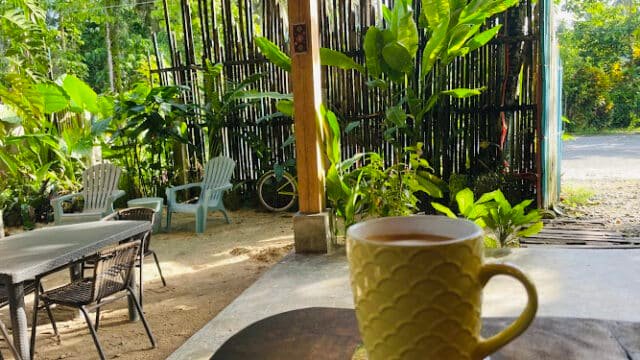 Yellow mug on a table in a tropical Siargao patio, surrounded by lush plants and empty chairs in the background.