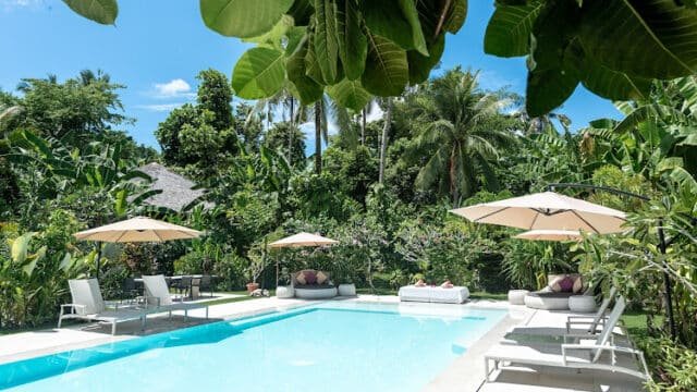 A tropical outdoor pool in Siargao with lounge chairs and umbrellas, surrounded by lush green trees and plants.