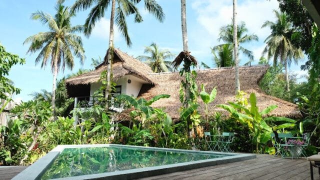 A tropical Siargao villa with a thatched roof, nestled among palm trees and lush plants, beside a small pool and wooden deck.