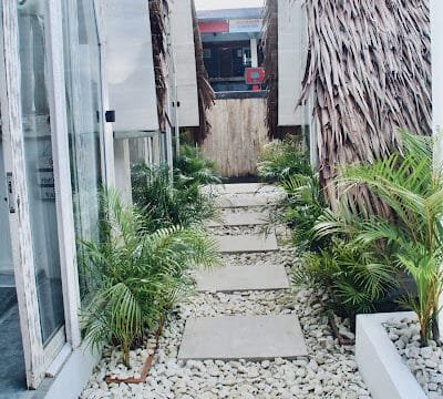 A stone pathway with stepping stones and lush green plants between two buildings with textured walls, inspired by Siargao’s natural beauty.