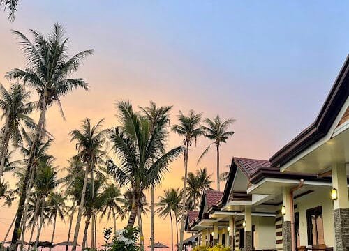 Tropical Siargao cottages with palm trees at sunset, under a colorful sky and lush greenery along a walkway.
