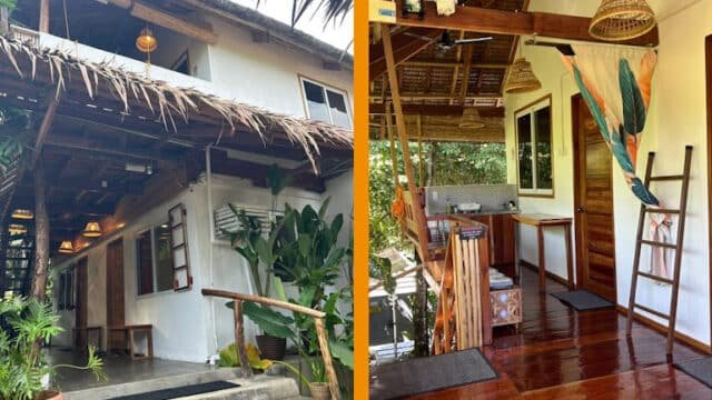 Side-by-side images of tropical Siargao wooden cottages with lush plants, outdoor seating, and rustic decor.