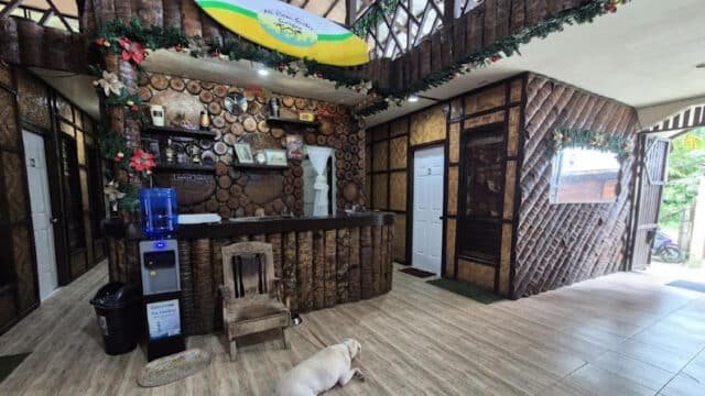 A rustic Siargao hotel reception area with wooden decor, a front desk, water cooler, and a dog lying on the floor.