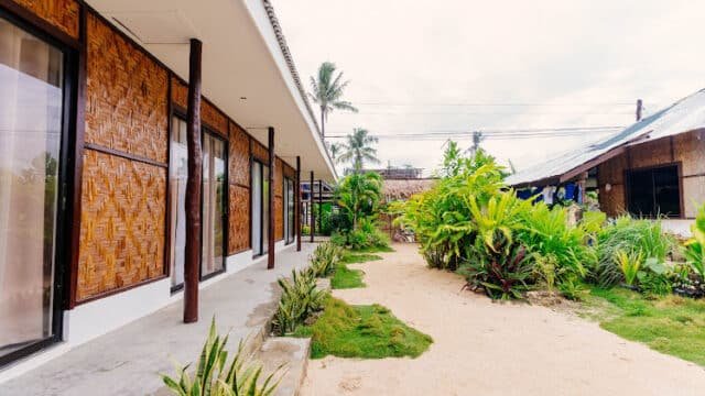 Modern Siargao building with bamboo walls, large windows, and a sandy garden filled with lush tropical plants and palm trees.