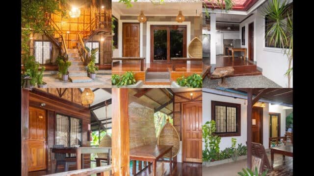 Collage of cozy Siargao tropical house exteriors and porches with wooden doors, lush plants, and inviting outdoor seating.