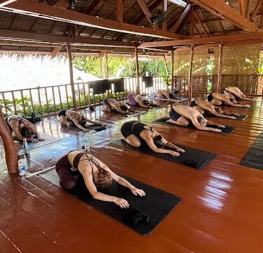 A group of people practice yoga in child’s pose on mats in a wooden, open-air studio in Siargao.