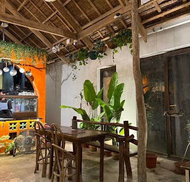 Rustic cafe interior in Siargao with wooden tables, green plants, and warm lighting beneath a charming thatched roof.