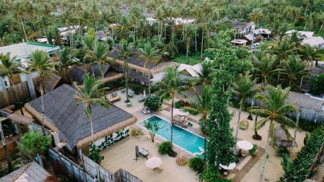Aerial view of a tropical Siargao resort with a pool, palm trees, and thatched-roof buildings nestled amid lush greenery.
