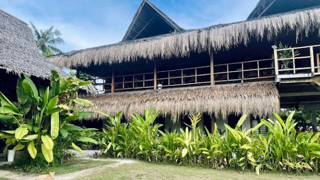 Tropical building with thatched roofs in Siargao, surrounded by green plants under a bright blue sky.