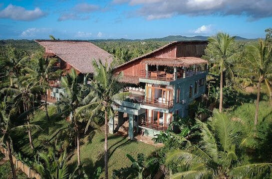 A tropical Siargao villa with wooden roofs, surrounded by lush palm trees under a blue sky with clouds.