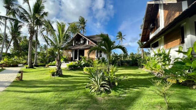 Tropical garden in Siargao with palm trees and two wooden houses under a bright blue sky.