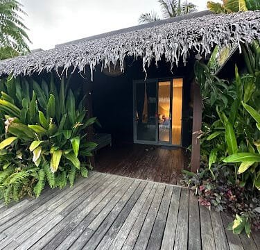 A tropical Siargao bungalow with a thatched roof, surrounded by lush plants, and sliding glass doors leading inside.