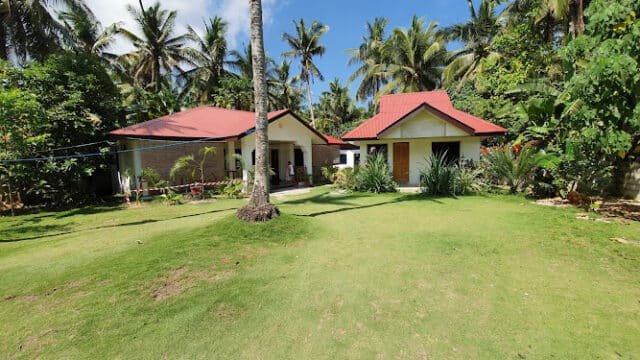 Two small houses with red roofs sit on a green lawn, surrounded by palm trees and lush tropical plants in sunny Siargao.