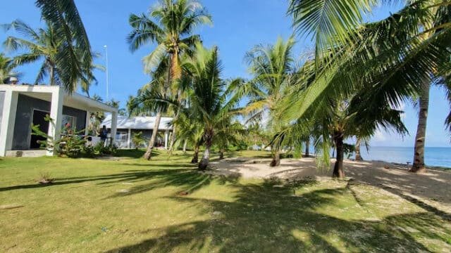 Palm trees and green lawn beside a modern house in Siargao, near a sandy beach with blue sky and ocean in the background.