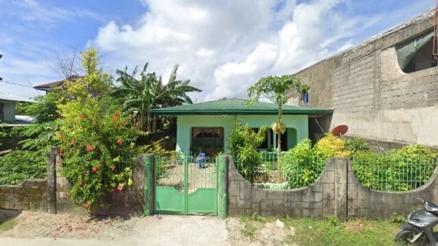 Charming small green house in Siargao with a front garden, gate, lush plants, and a partial concrete wall.